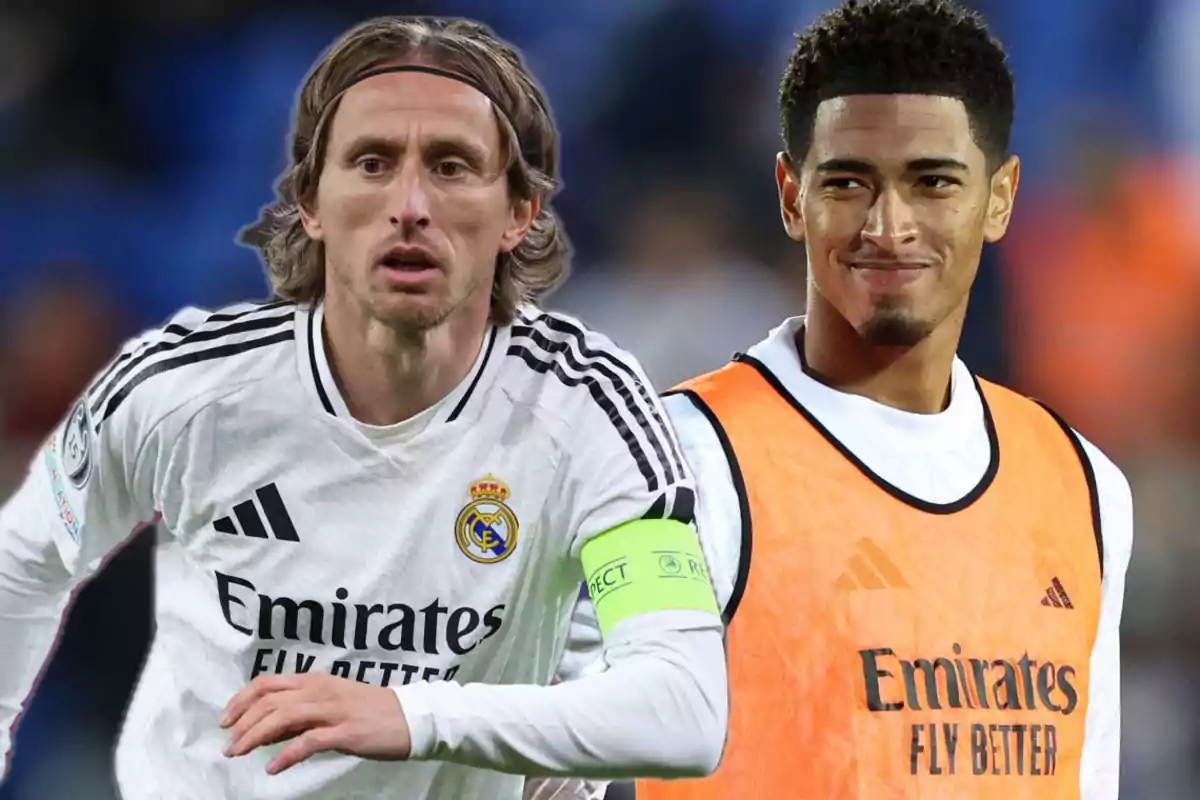 Two Real Madrid soccer players on the field, one in a playing uniform and the other in a training bib.