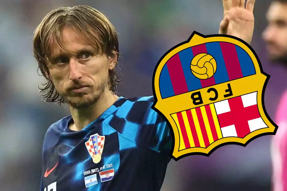 A player wearing the Croatia jersey with the FC Barcelona crest overlaid.