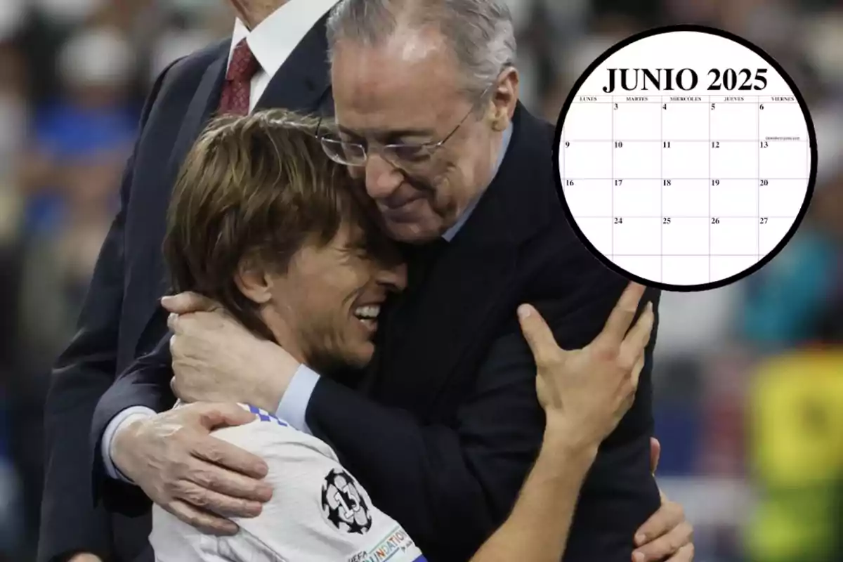 Un hombre con traje abraza a un jugador de fútbol que lleva una camiseta blanca con un logotipo de la UEFA Champions League, mientras un calendario de junio de 2025 aparece en la esquina superior derecha.