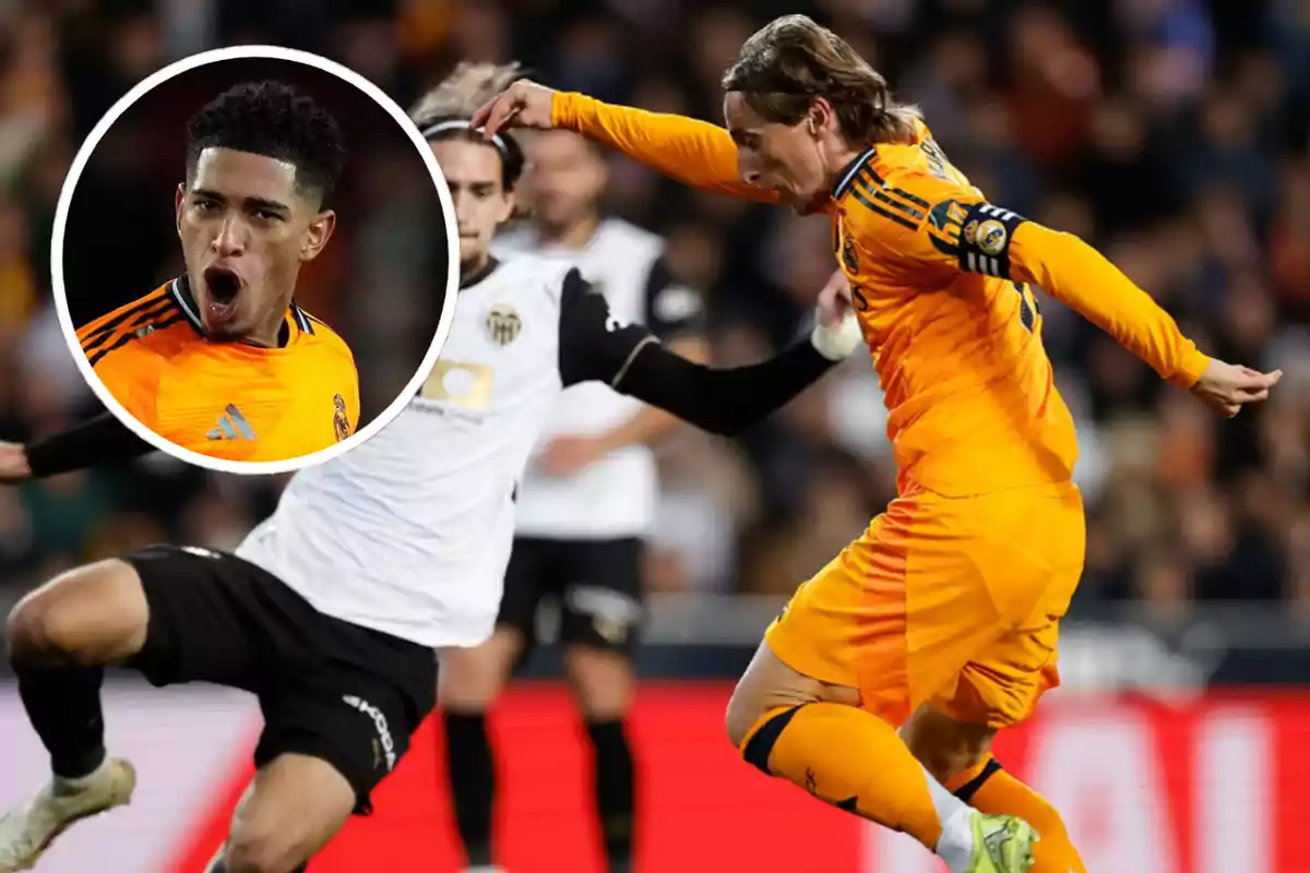 Jugadores de fútbol en acción durante un partido, uno de ellos con uniforme naranja y el otro con uniforme blanco y negro, con un recuadro que muestra a otro jugador celebrando.