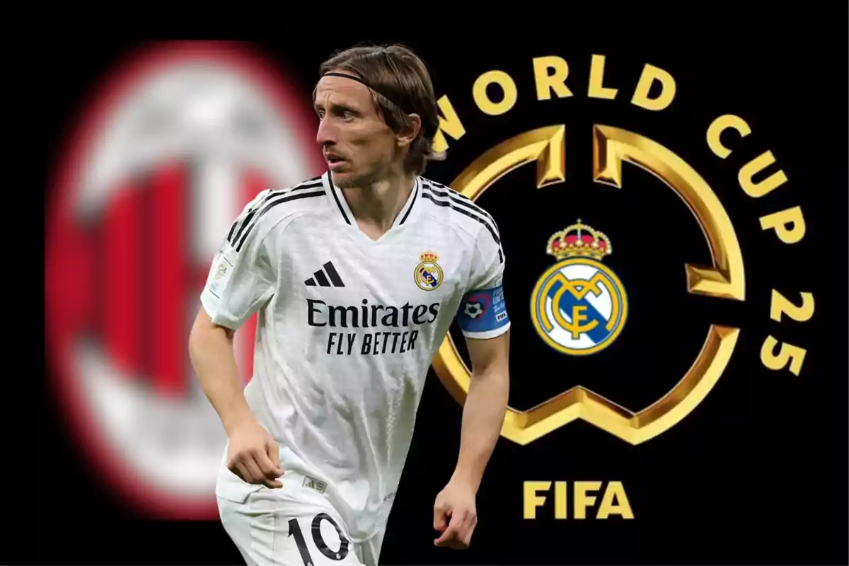 Real Madrid player in a white uniform in the foreground with the AC Milan logo blurred on the left and the FIFA Club World Cup 2025 emblem in the background