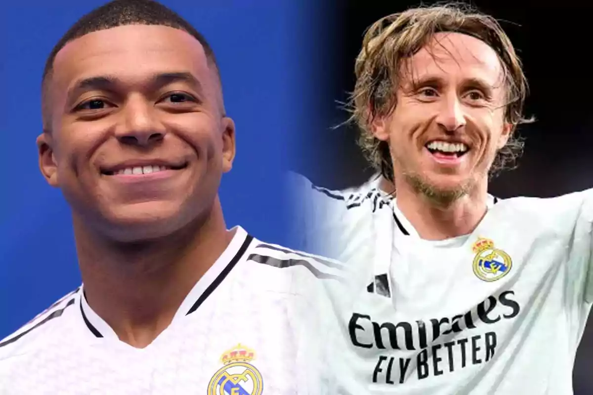 Two players wearing Real Madrid jerseys smile at the camera.