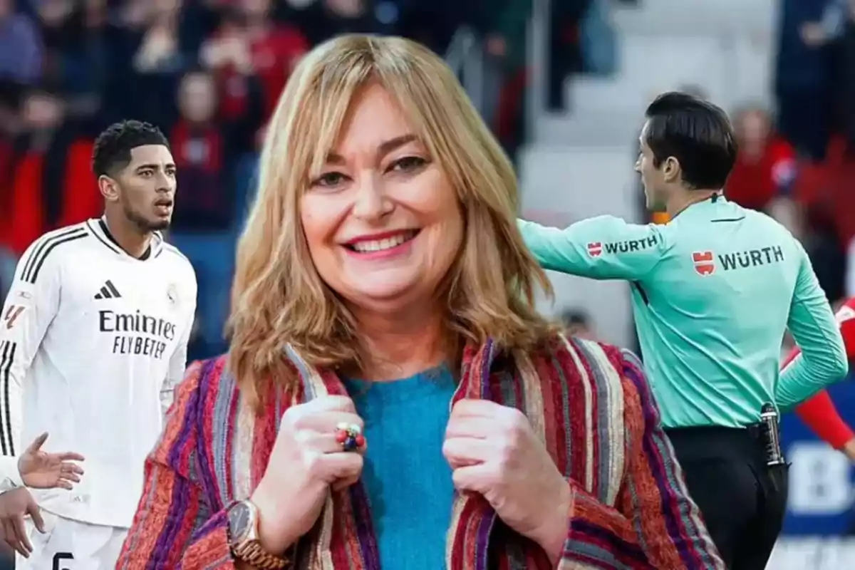 A smiling woman in the foreground with a player and a referee in the background during a match.