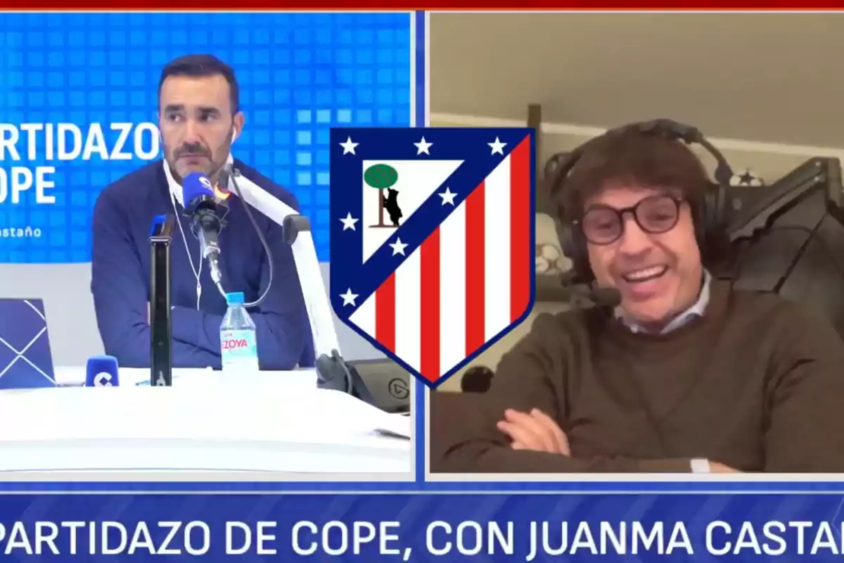 Two people in a radio studio, one of them with headphones and a microphone, with the Atlético de Madrid crest in the center of the image and the text "El Partidazo de COPE, with Juanma Castaño" at the bottom.