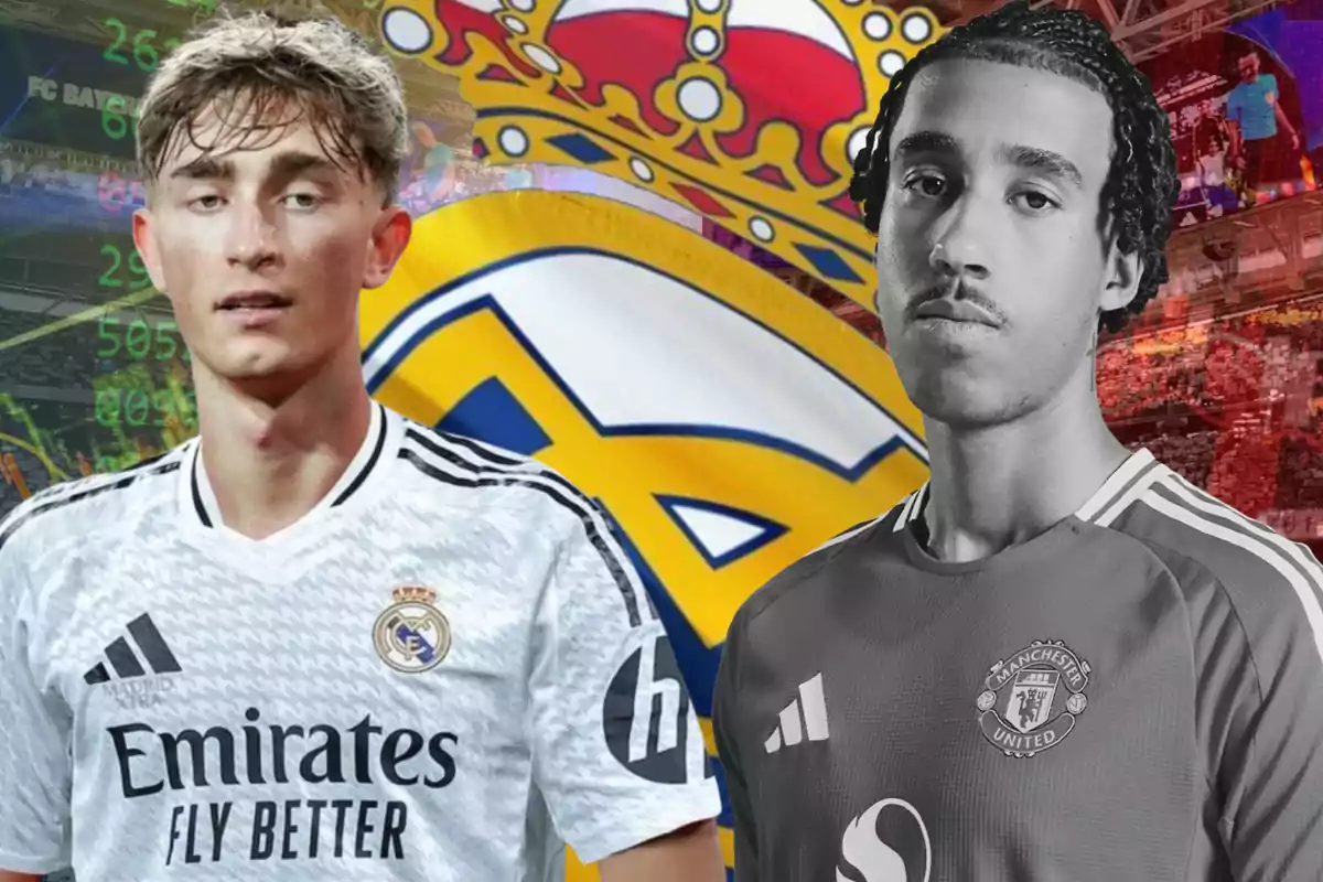 Two players wearing Real Madrid and Manchester United jerseys pose in front of a background with the Real Madrid crest.
