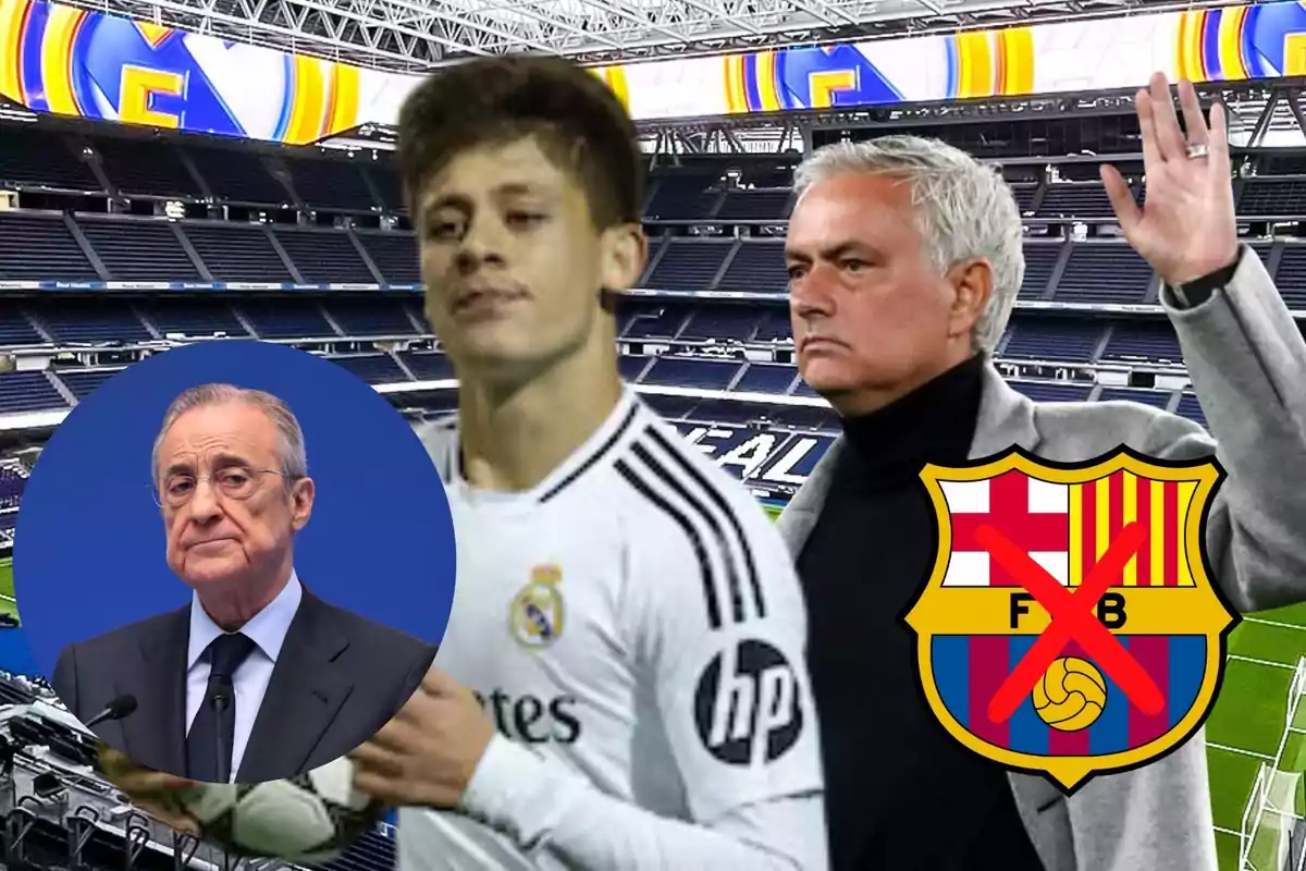 Un jugador del Real Madrid junto a un entrenador en un estadio con un escudo del Barcelona tachado y un hombre en un círculo.