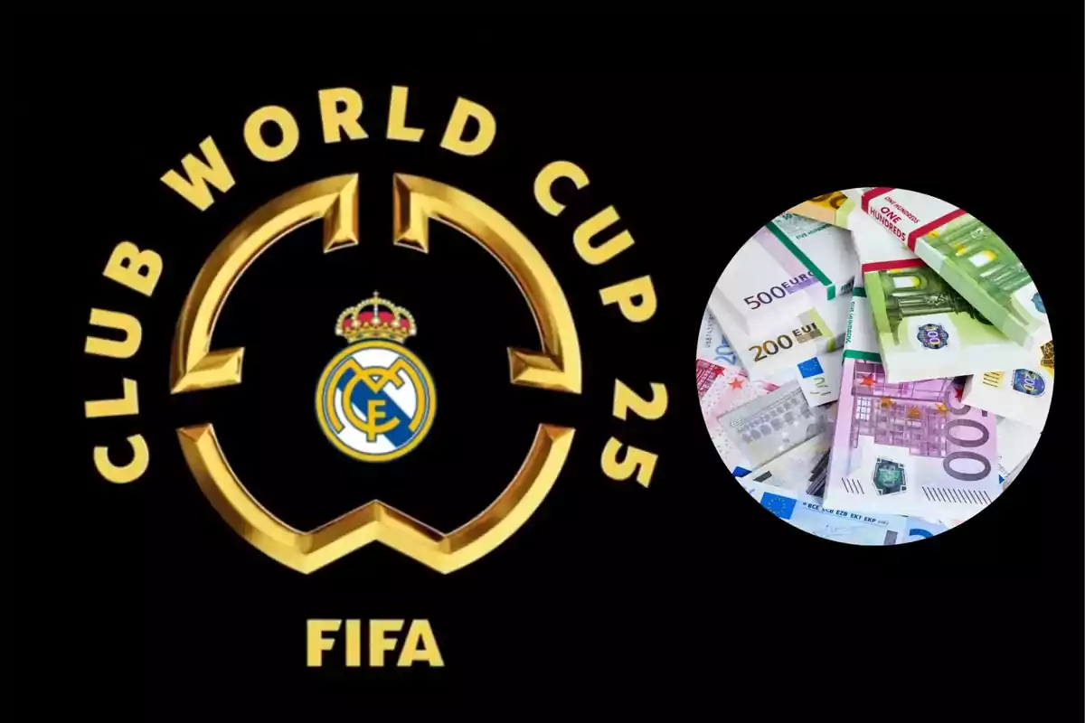 FIFA Club World Cup 25 logo with a soccer team crest in the center and an image of euro banknotes on the right.