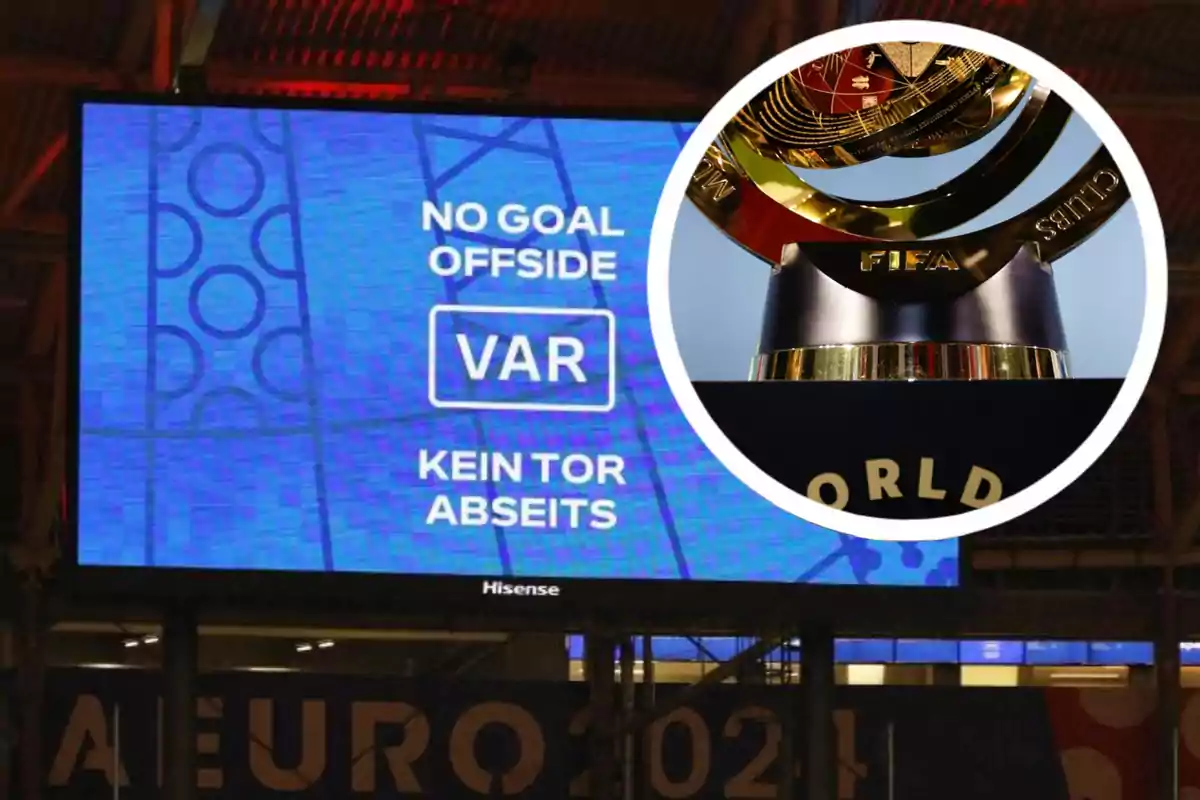 Stadium screen showing a VAR offside decision and a FIFA trophy in an overlaid circle