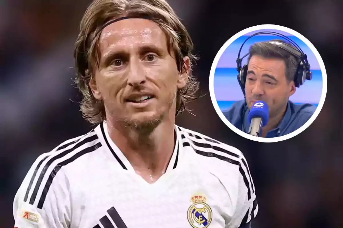 A player wearing a Real Madrid jersey on the field and a commentator with headphones speaking into a microphone in a box.