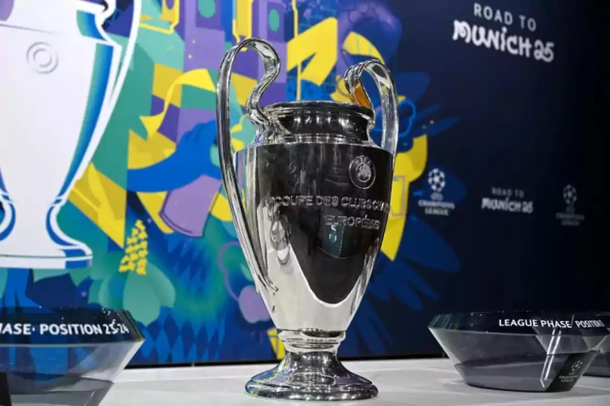 UEFA Champions League trophy on display with a colorful background.