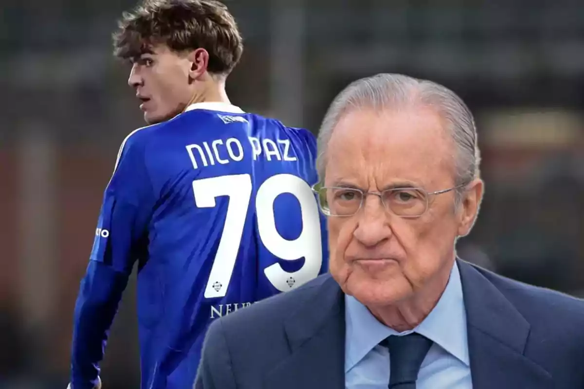 A young player with the number 79 on his blue jersey and an older man with glasses and a suit.