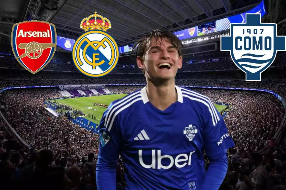 A smiling player wearing the Como jersey in a full stadium, with the Arsenal, Real Madrid, and Como crests in the background.