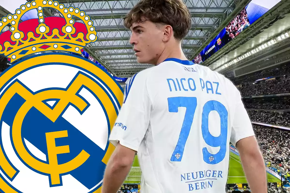 Real Madrid player with the number 79 and the name Nico Paz on the jersey inside a stadium with the club’s crest in the foreground