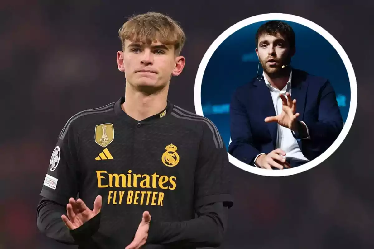 Un jugador de fútbol con el uniforme del Real Madrid y un hombre hablando en un micrófono en un recuadro.