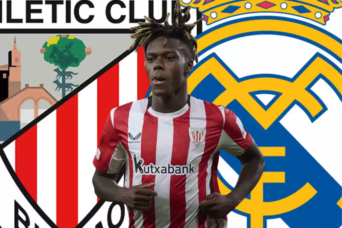 Futbolista del Athletic Club con uniforme rojiblanco posando frente a los escudos de Athletic Club y Real Madrid
