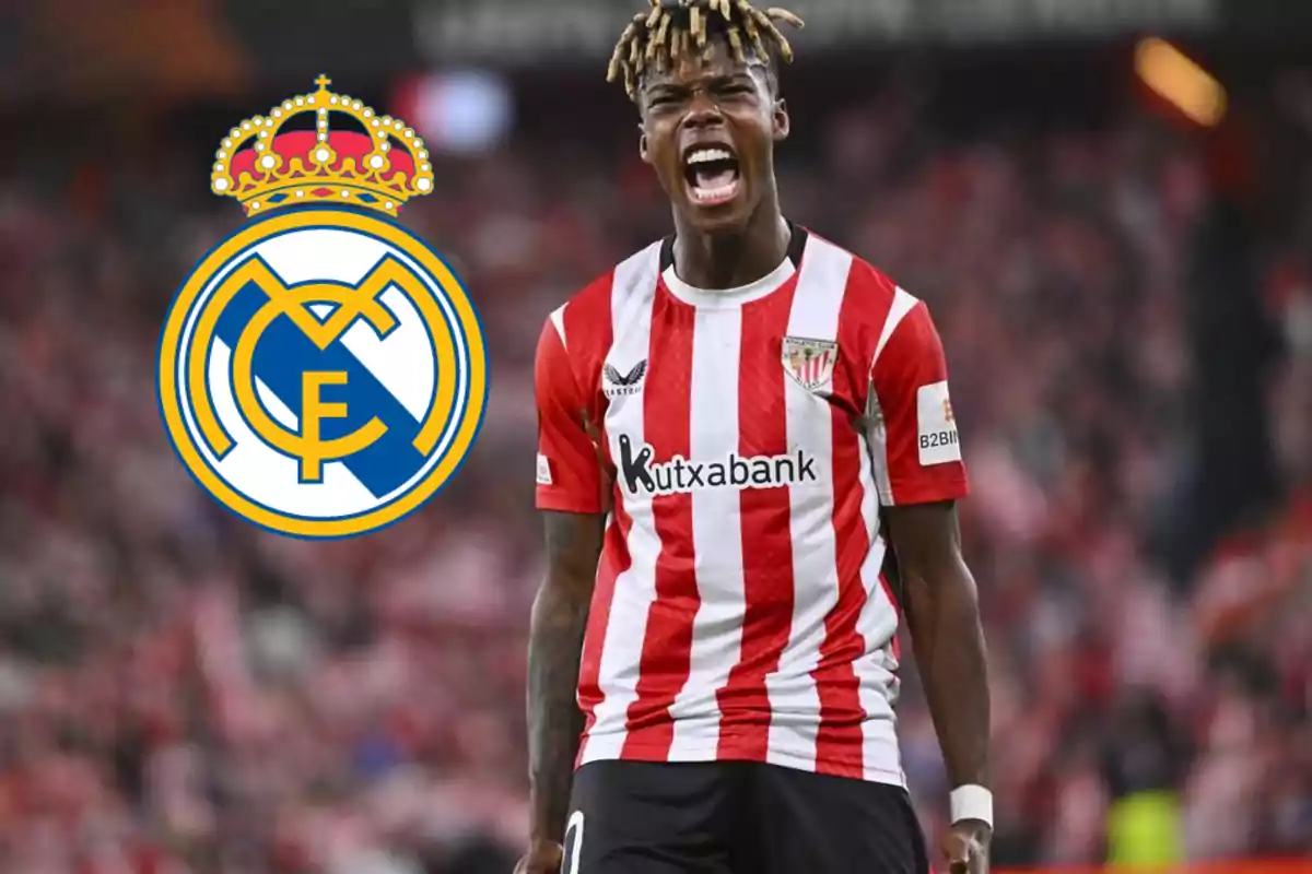Athletic Club player celebrating with the Real Madrid logo in the background
