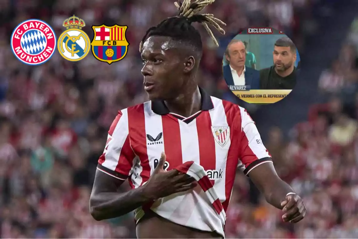 Athletic Club player on the field with Bayern Munich, Real Madrid, and Barcelona logos at the top and a sports program box in the corner