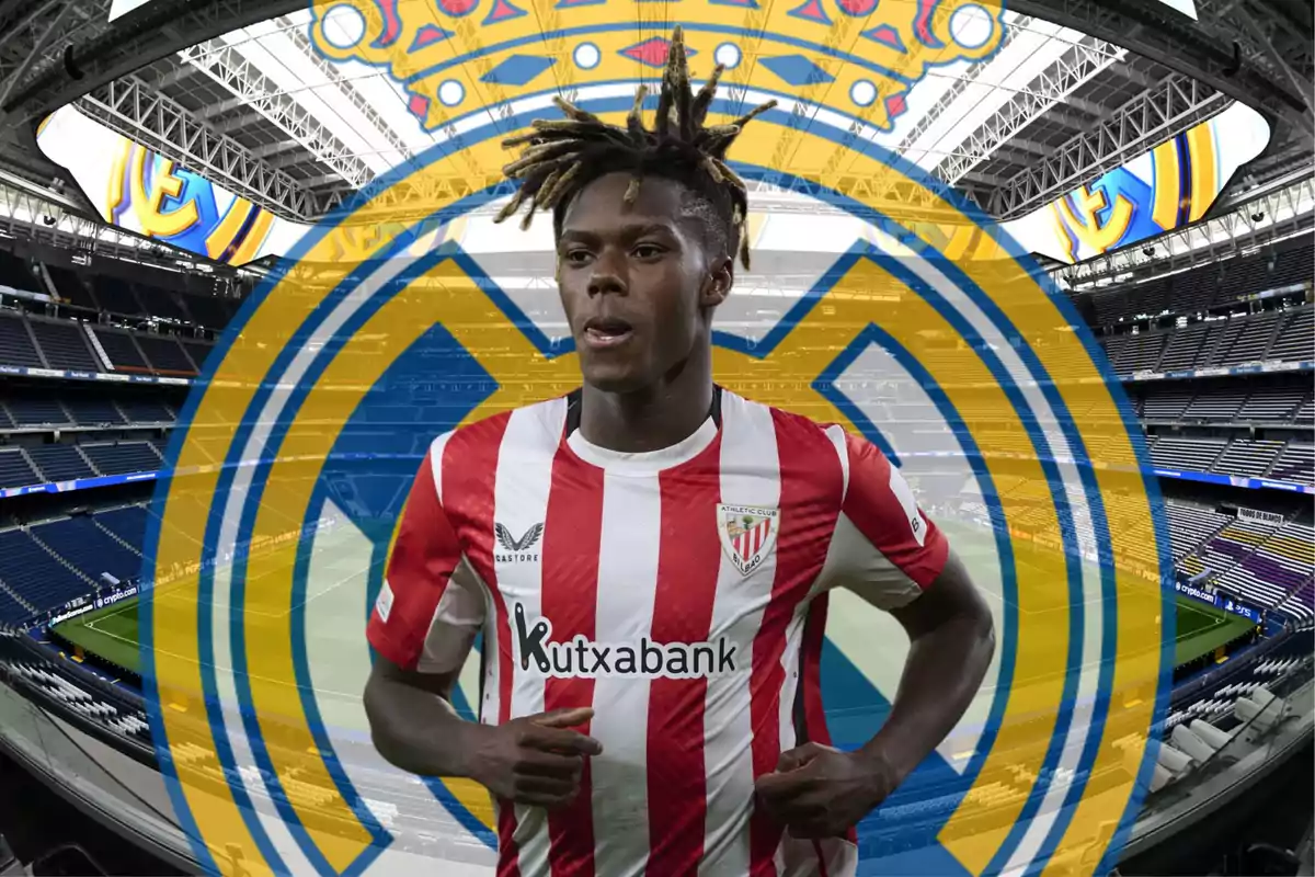 A player wearing the Athletic Club jersey appears in a stadium with the Real Madrid crest overlaid.