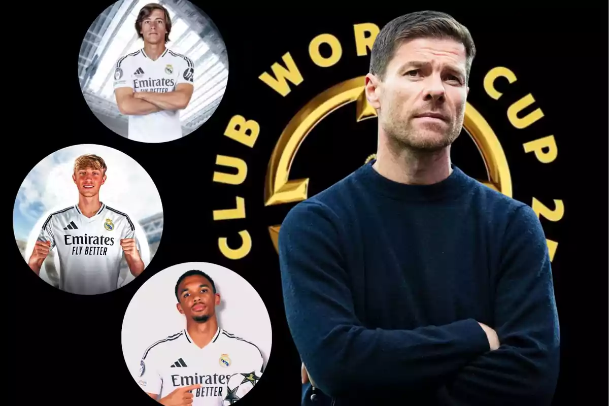 Un hombre con suéter oscuro está de pie frente a un fondo con el texto "Club World Cup" y tres jugadores de fútbol en círculos pequeños, todos con camisetas del Real Madrid.