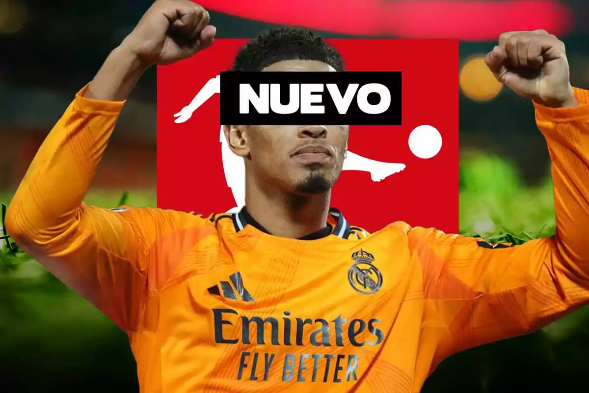 Un jugador de fútbol con uniforme naranja del Real Madrid levanta los brazos en señal de victoria, con un gráfico rojo y blanco detrás y la palabra "NUEVO" sobre su rostro.