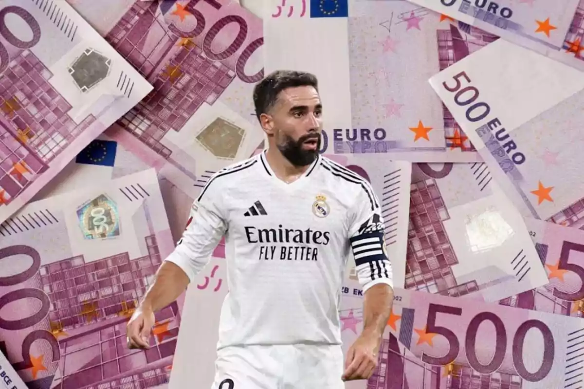 A player in a white Real Madrid uniform is in front of a background of 500 euro bills.