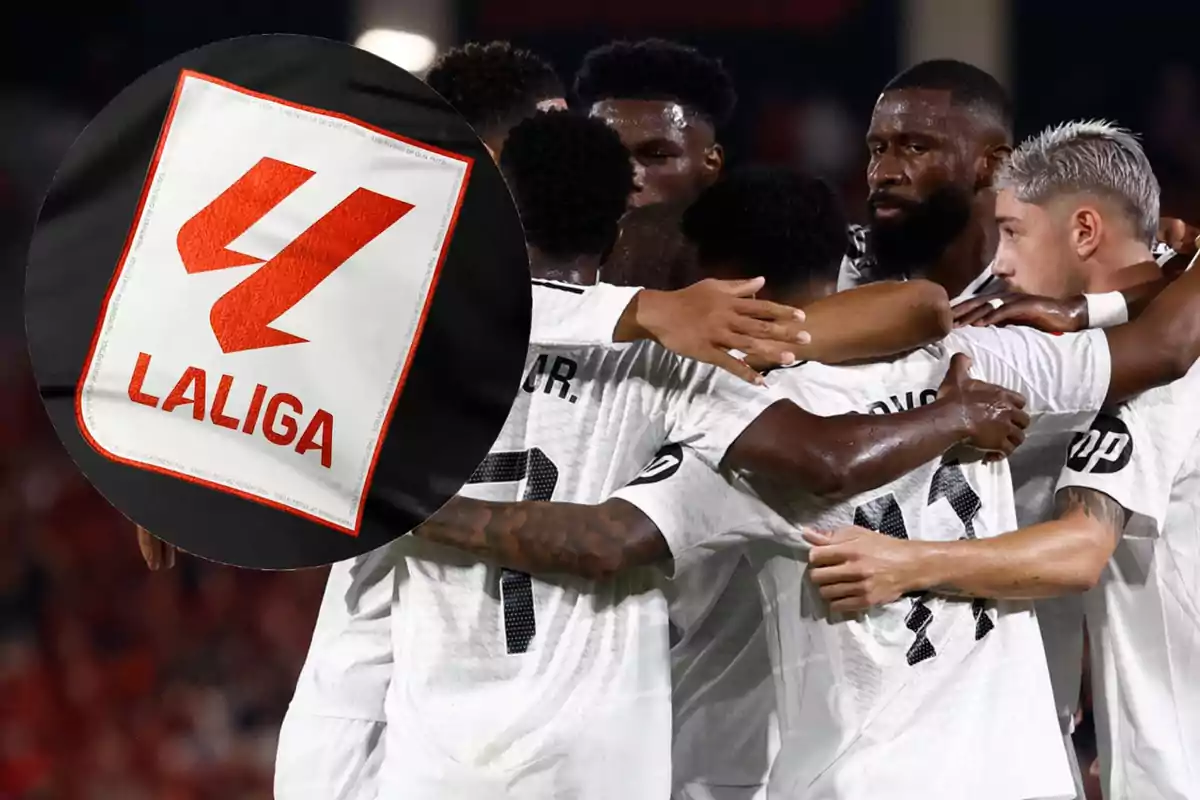 Soccer players celebrating in a group with a LaLiga logo overlaid.