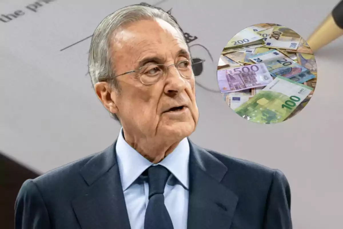 An older man wearing glasses and a dark suit appears in the foreground, while in the background a document and a circle showing euro banknotes can be seen.