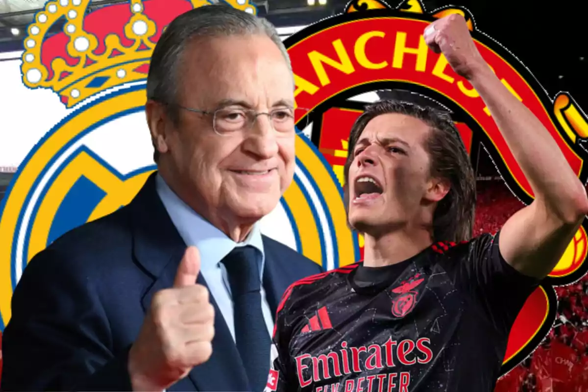 An older man in a suit smiles and gives a thumbs up while a young player celebrates with a raised fist; behind them are the crests of Real Madrid and Manchester United.