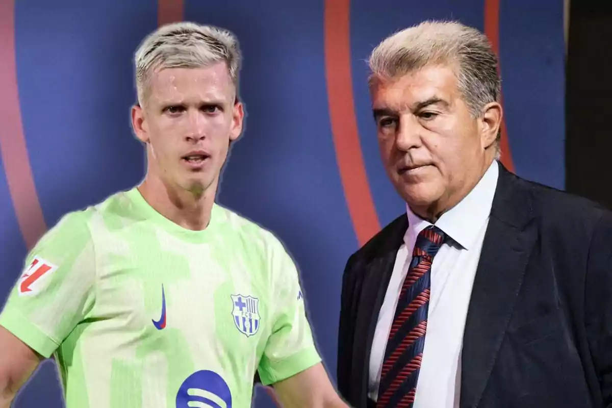 Two men, one in a green sports jersey and the other in a dark suit, pose in front of a blue background with orange details.