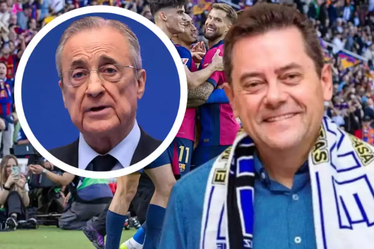A smiling man with a soccer scarf and an overlaid image of another person in a circle, with players celebrating in the background.