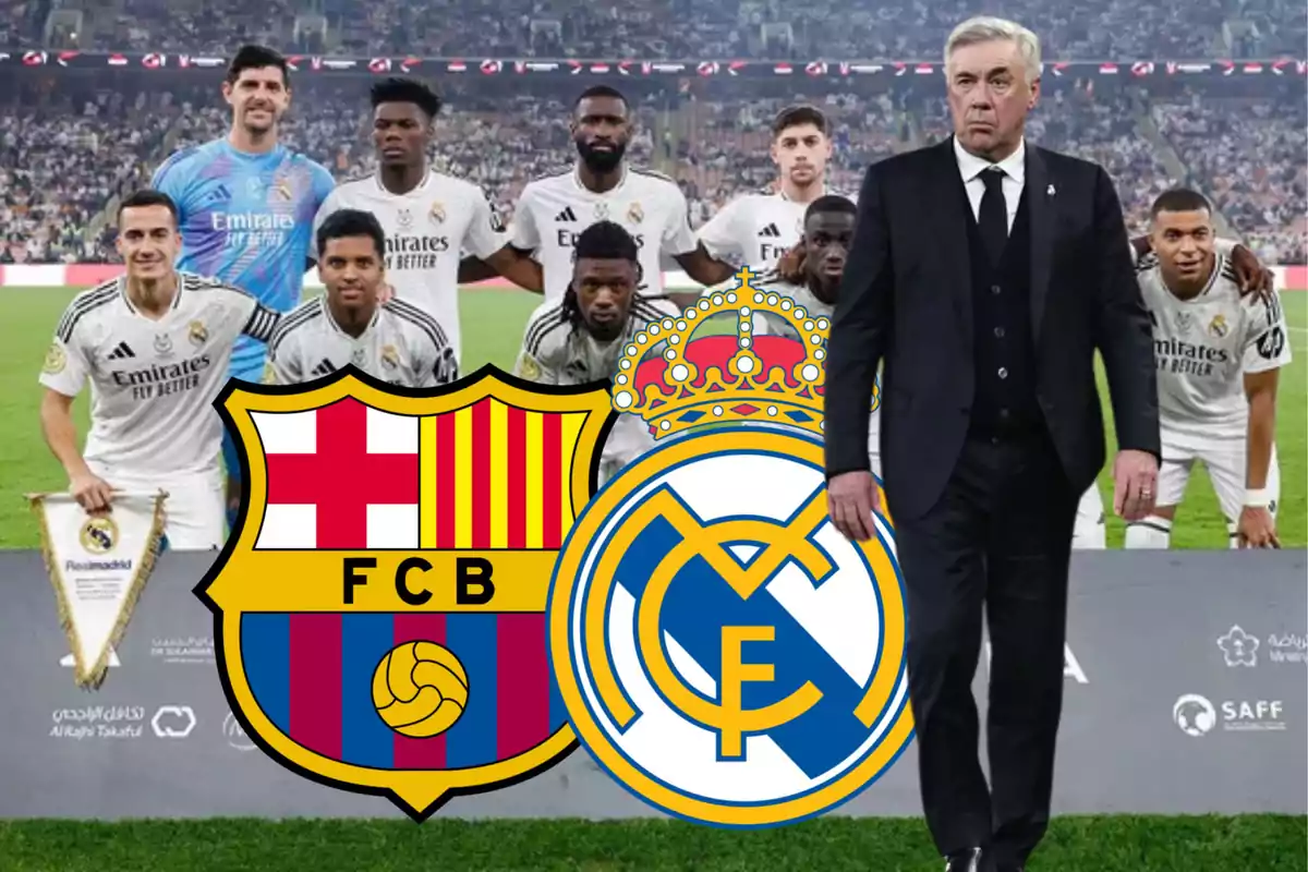 Un equipo de fútbol posando en el campo con los escudos del FC Barcelona y el Real Madrid superpuestos en primer plano.