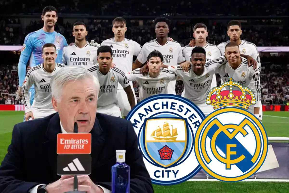 A soccer coach at a press conference with a team of players behind and the logos of Manchester City and Real Madrid.