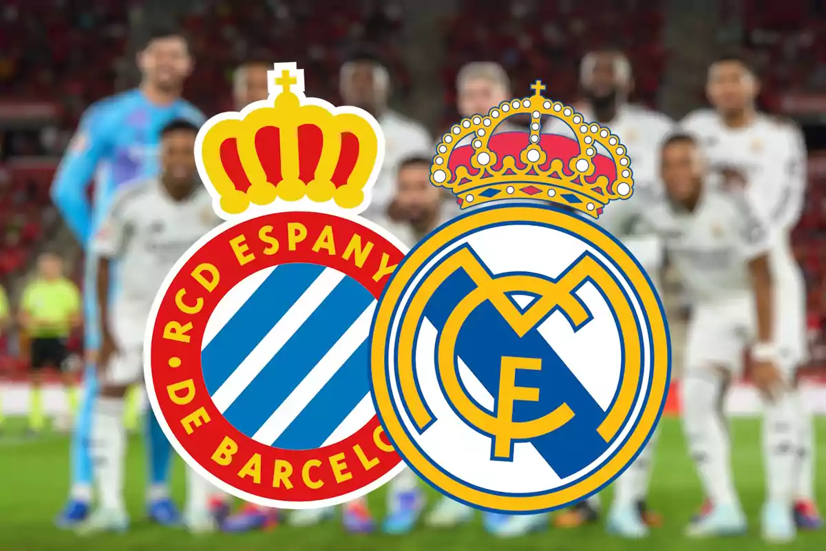 Logos of the football teams RCD Espanyol and Real Madrid overlaid on a blurred background of players on a soccer field.