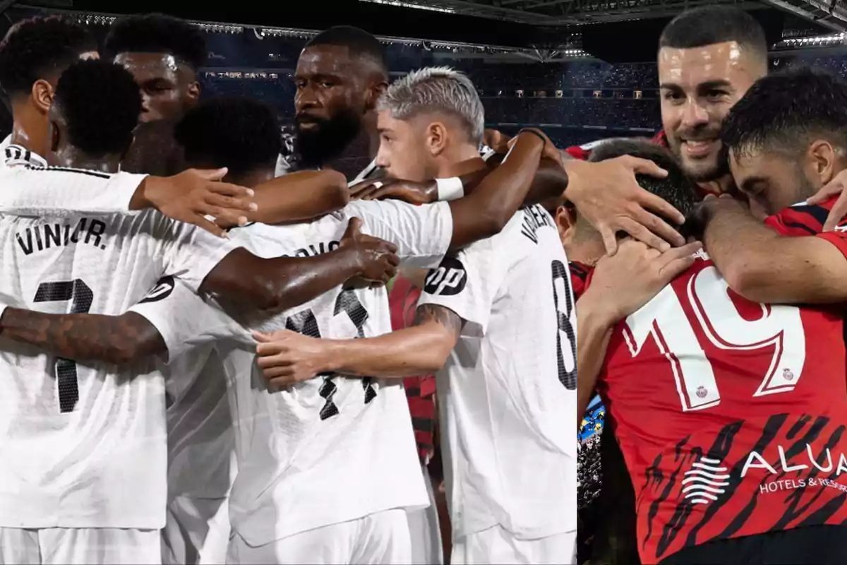 Two soccer teams celebrate together on the field.