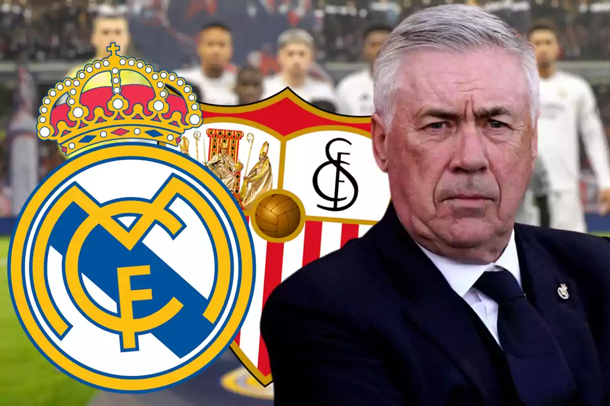 Un hombre de traje frente a los escudos del Real Madrid y el Sevilla FC con jugadores de fondo.