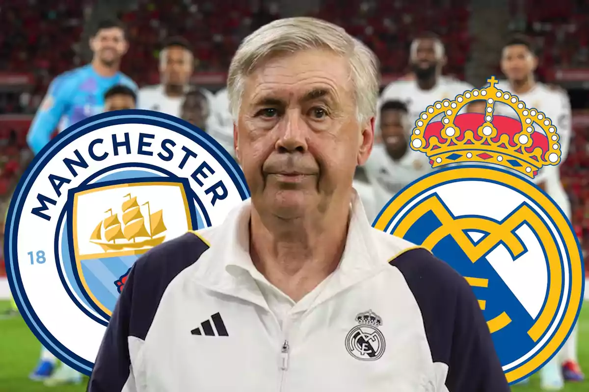 A man in a white Real Madrid jacket is in front of the Manchester City and Real Madrid crests, with blurred players in the background.