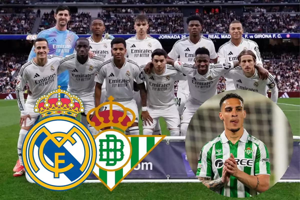 A soccer team posing on the field with the Real Madrid and Real Betis crests overlaid and a Betis player in a circle in the foreground.