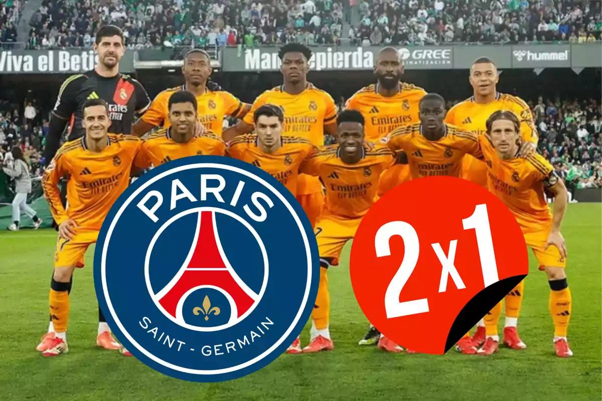 Un equipo de fútbol posando en el campo con uniformes naranjas, con un logo del Paris Saint-Germain y un gráfico de "2x1" superpuestos en la imagen.