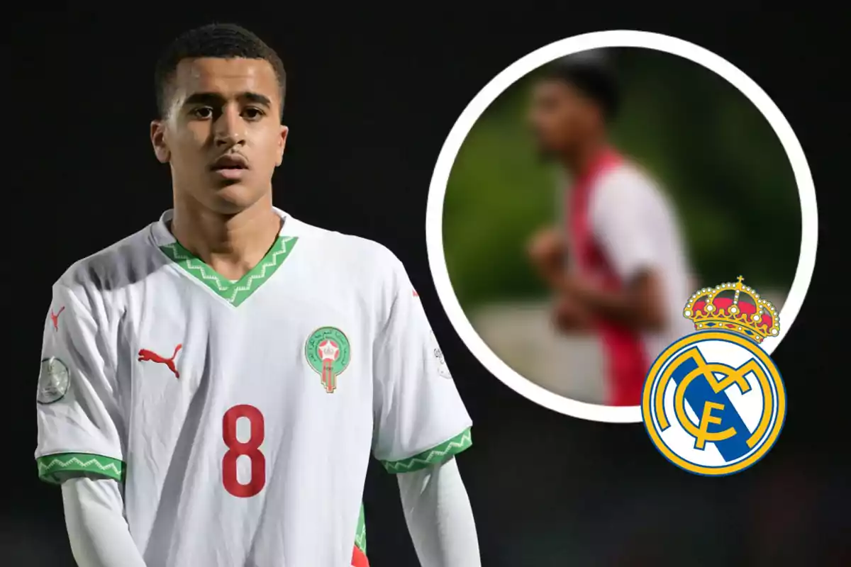 Joven futbolista con uniforme de Marruecos y el escudo del Real Madrid en la esquina