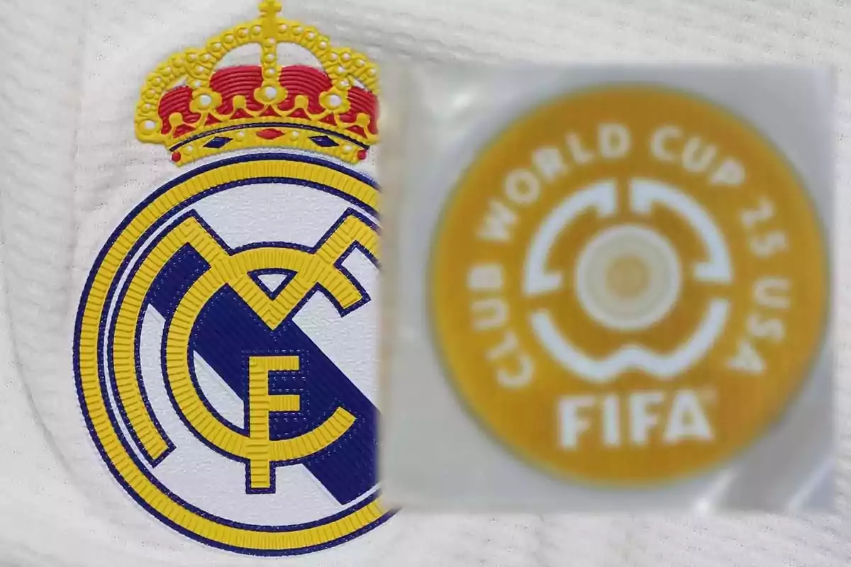 Real Madrid crest next to a golden FIFA Club World Cup 2025 patch on a white fabric