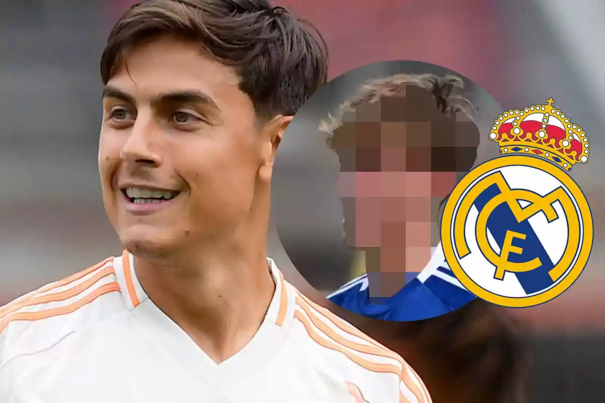 Un jugador de fútbol sonriente con un escudo del Real Madrid y una imagen pixelada de otra persona.