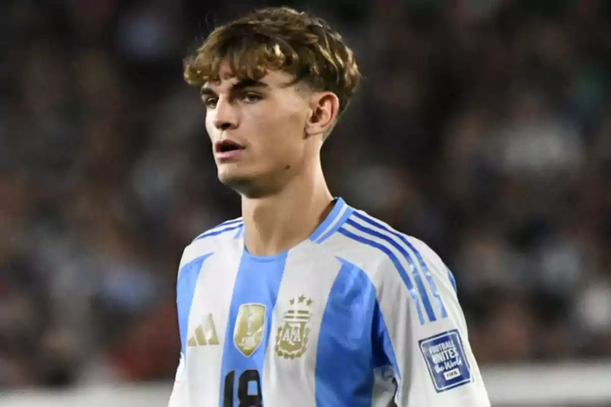 A player in the Argentine national team uniform on the field. A player in the Argentine national team uniform on the field.