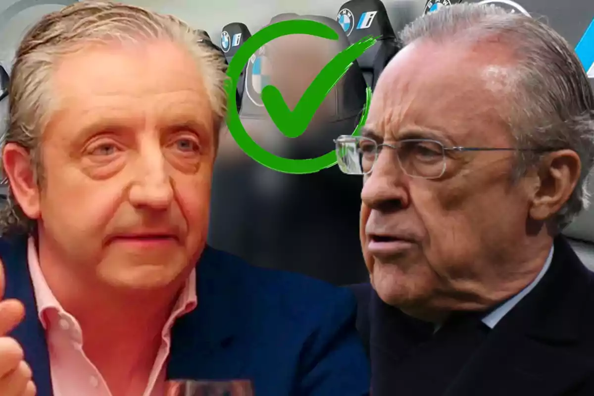 Two men talking with a background of car seats and a green check mark.