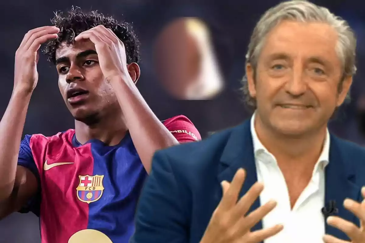 A football player wearing an FC Barcelona jersey puts his hands on his head while a man in a suit smiles in front of him.