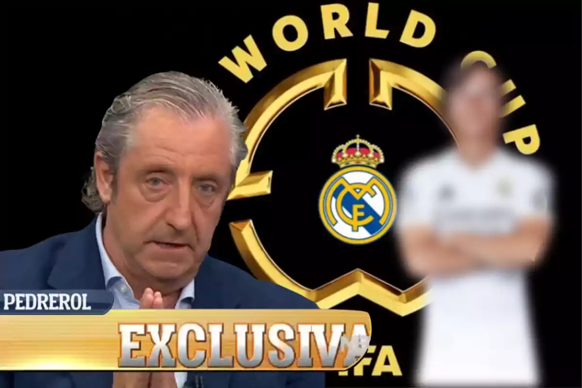 A television presenter appears in the foreground with an exclusive graphic and the Real Madrid logo next to a blurred figure of a player in the background.