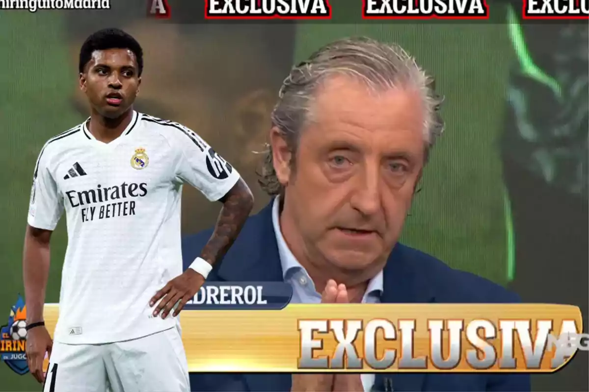 A Real Madrid player appears alongside a TV host on a sports show with the word "exclusive" on the screen.