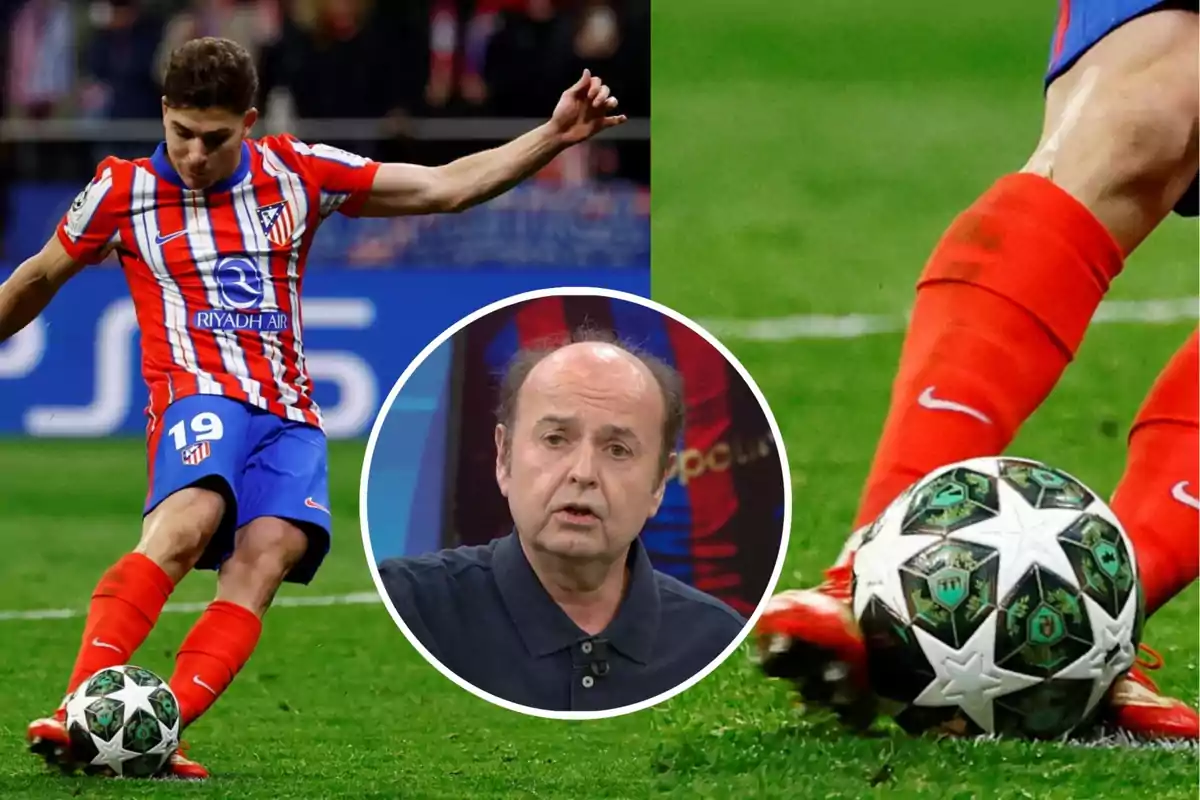 An Atlético de Madrid player kicks a ball during a match, and in the center of the image appears the face of a bald man wearing a dark jersey.