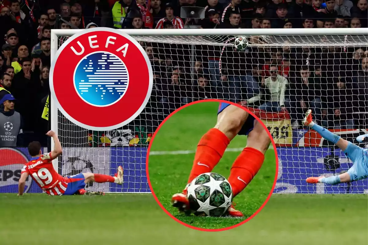 Un jugador de fútbol en el suelo celebra un gol mientras el balón está en la red, con el logotipo de la UEFA y un primer plano de los pies del jugador en el centro de la imagen.