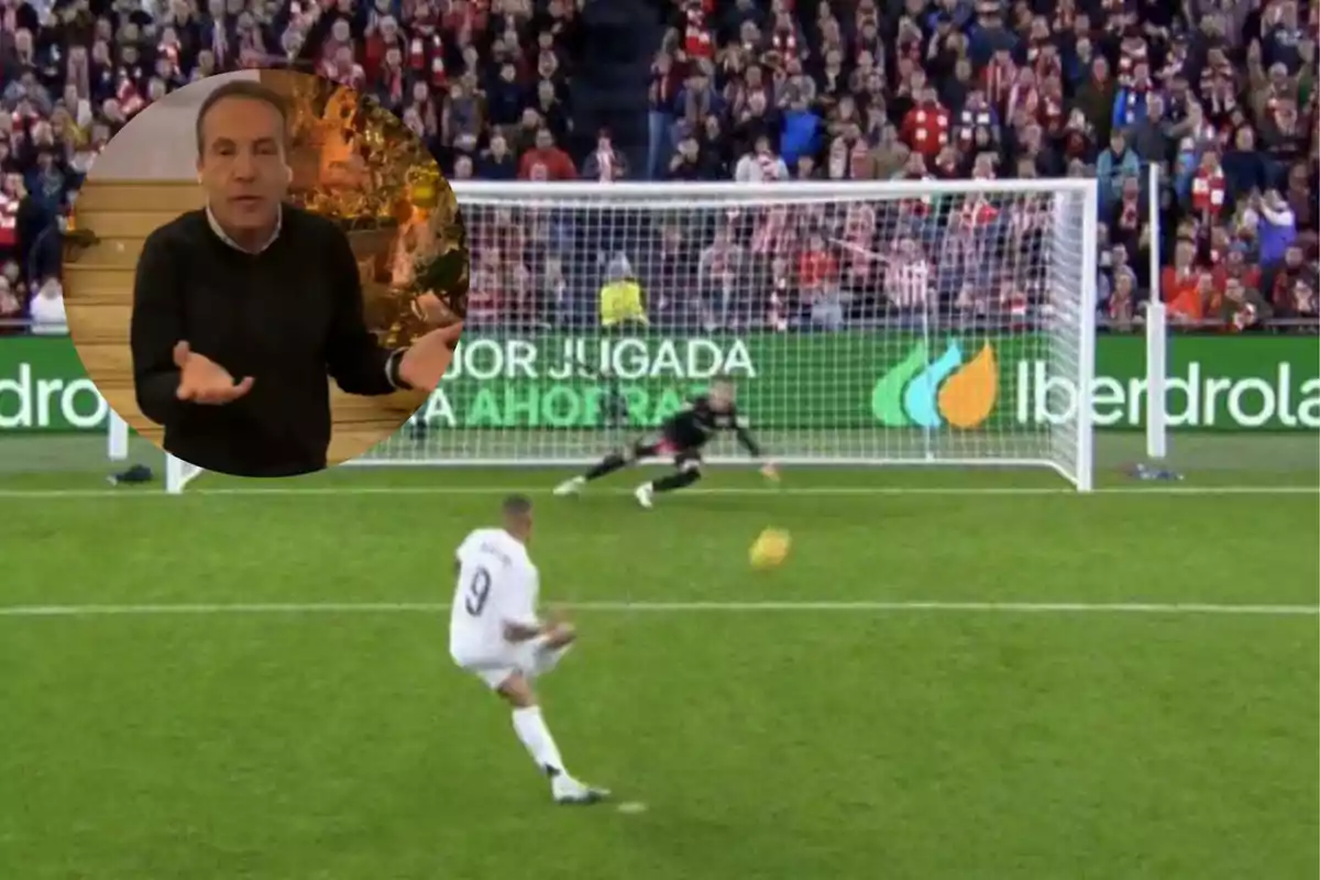 A soccer player is about to kick a penalty while the goalkeeper prepares to stop the ball, with a superimposed image of a man gesturing with his hands.