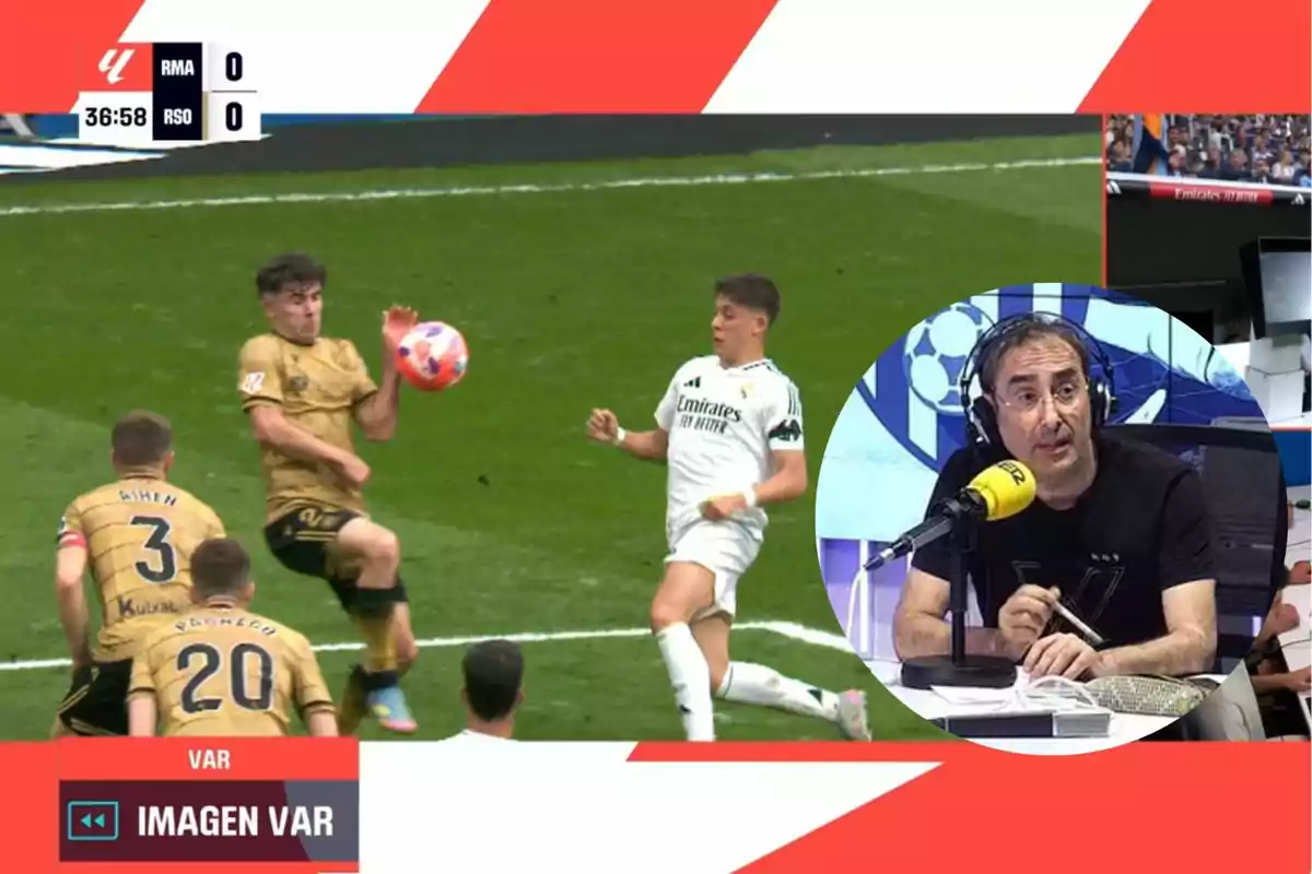 A soccer match between two teams with a score of 0-0, where a player in a white uniform and another in a gold uniform are in action near the ball, while a sports commentator is shown in a box speaking into a microphone.
